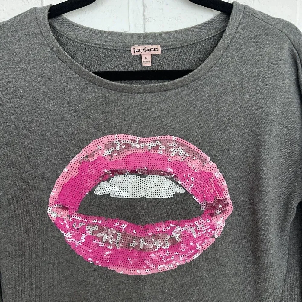 Juicy Couture Women Sweatshirt Medium Gray Graphic Lips Sequin Pullover Vintage - Picture 2 of 7